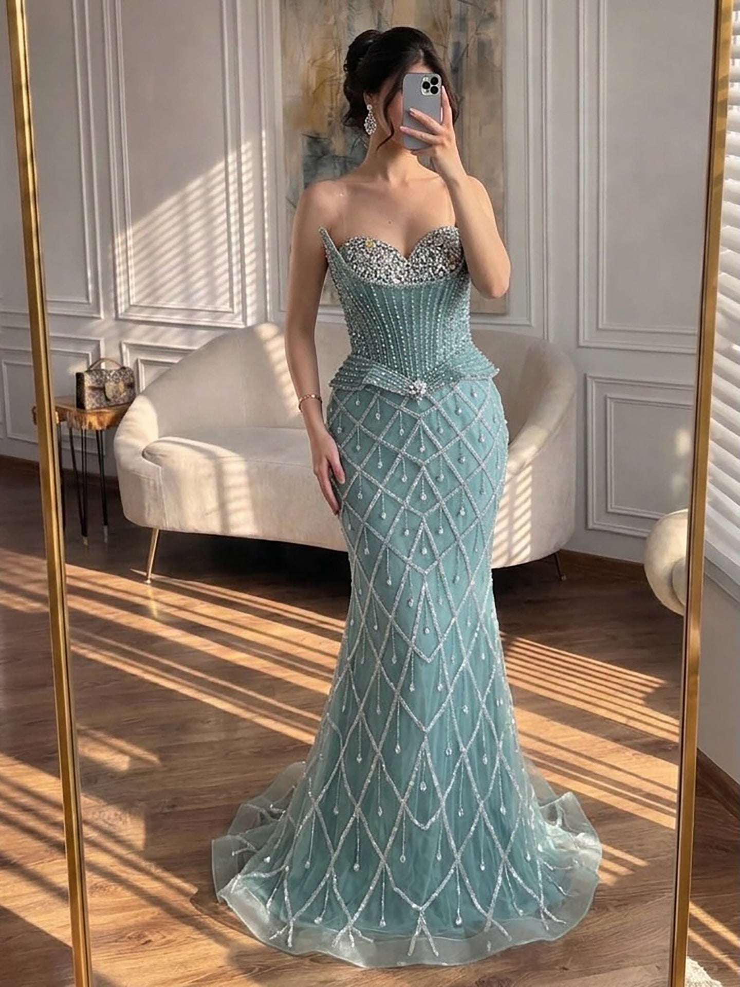 Luxury Nude Crystal Beaded Strapless Mermaid Evening Dress LA73400A