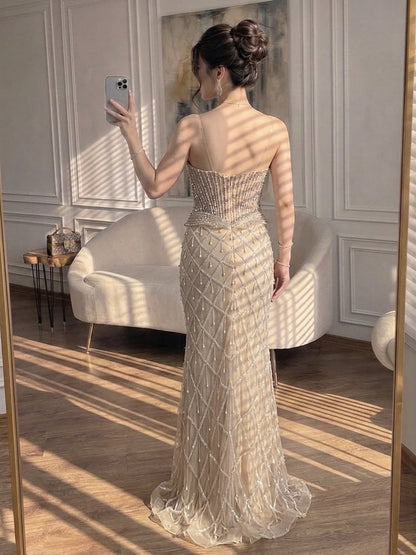 Luxury Nude Crystal Beaded Strapless Mermaid Evening Dress LA73400A