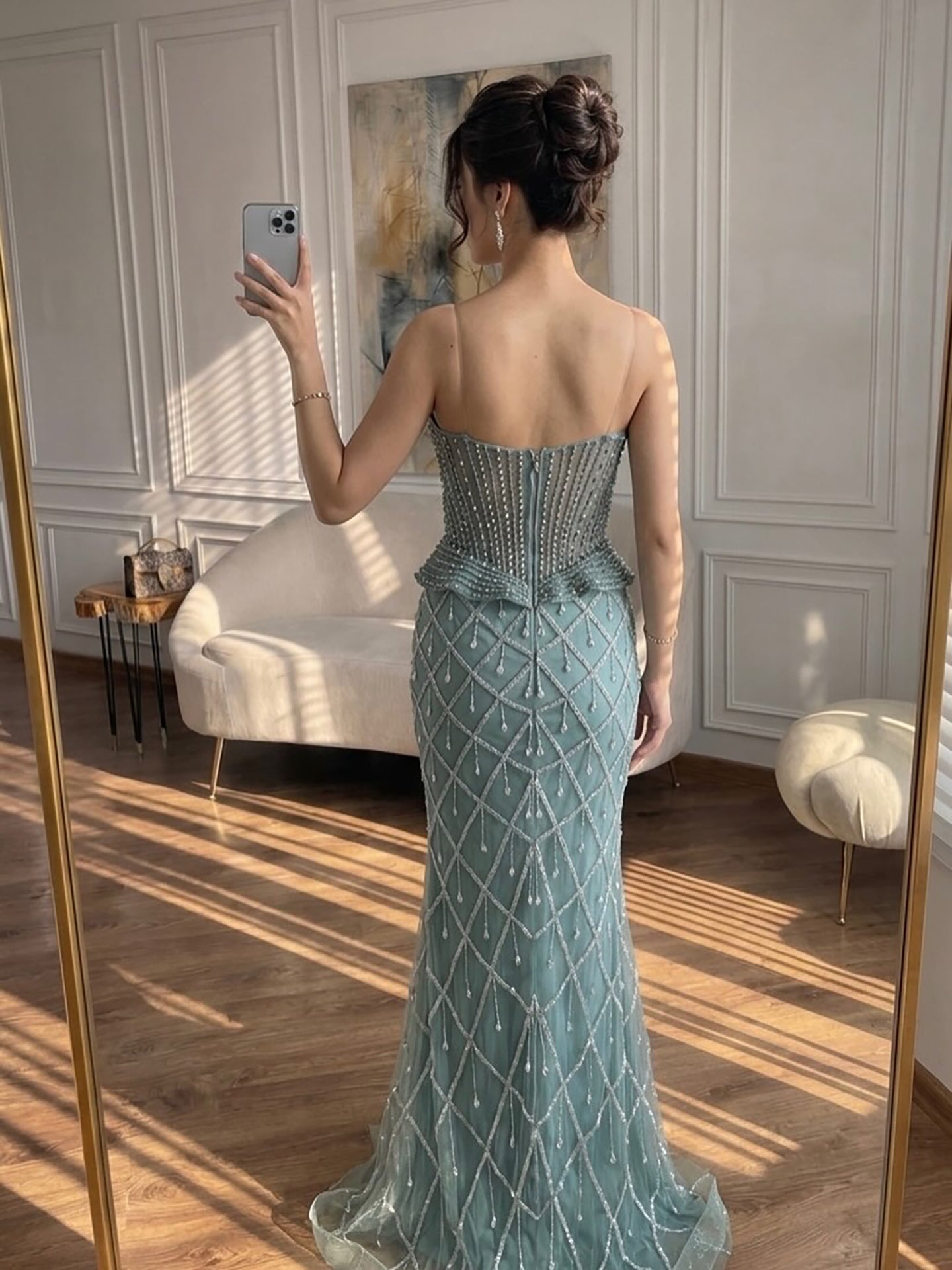 Luxury Nude Crystal Beaded Strapless Mermaid Evening Dress LA73400A