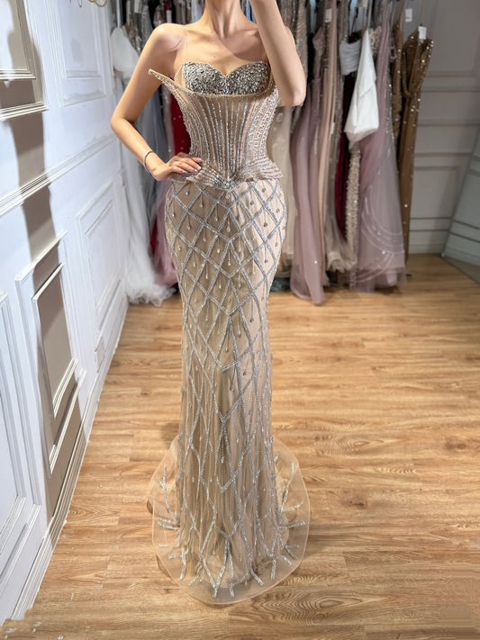 Luxury Nude Crystal Beaded Strapless Peplum Mermaid Dress LA73400B