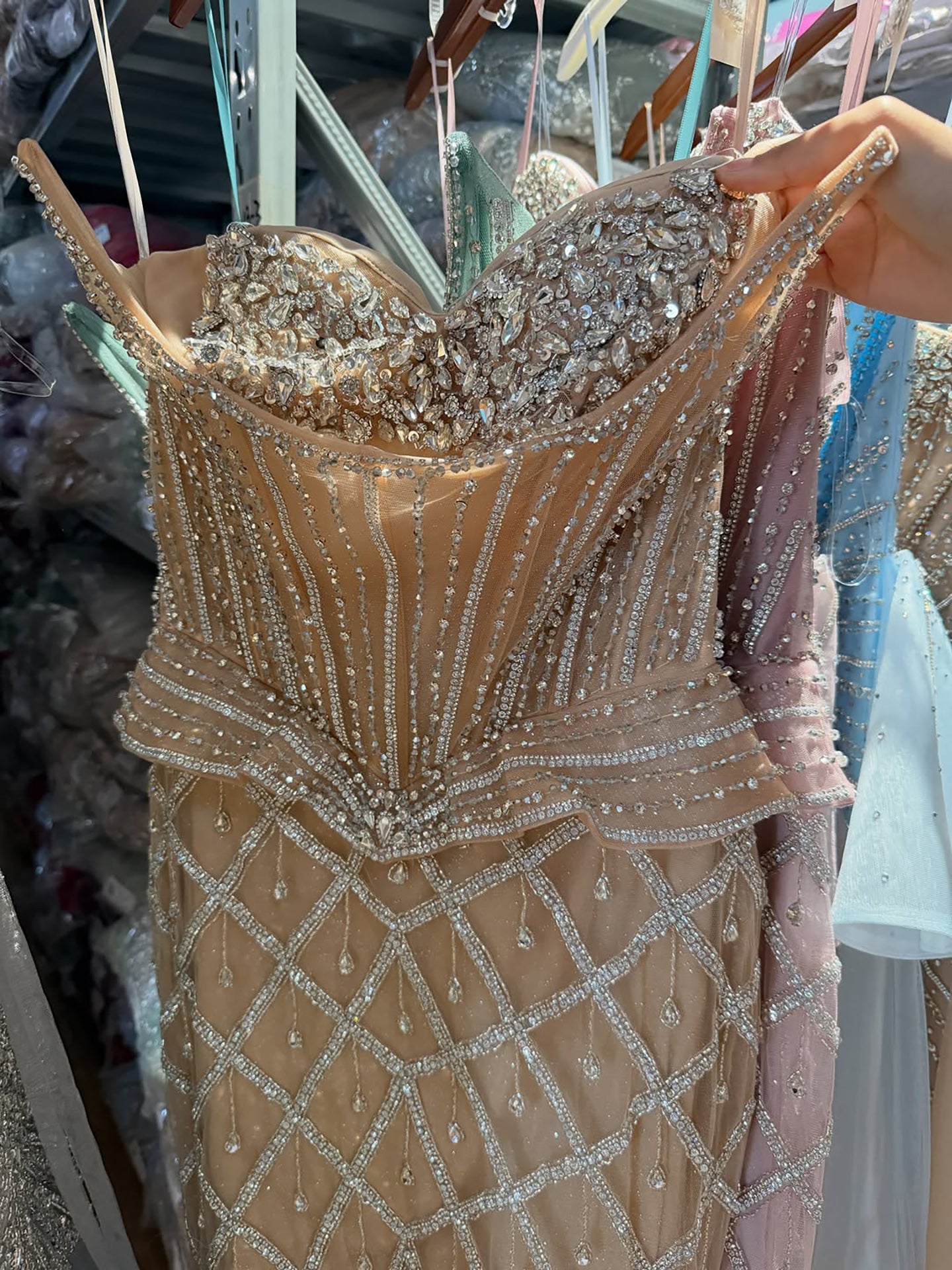 Luxury Nude Crystal Beaded Strapless Peplum Mermaid Dress LA73400B