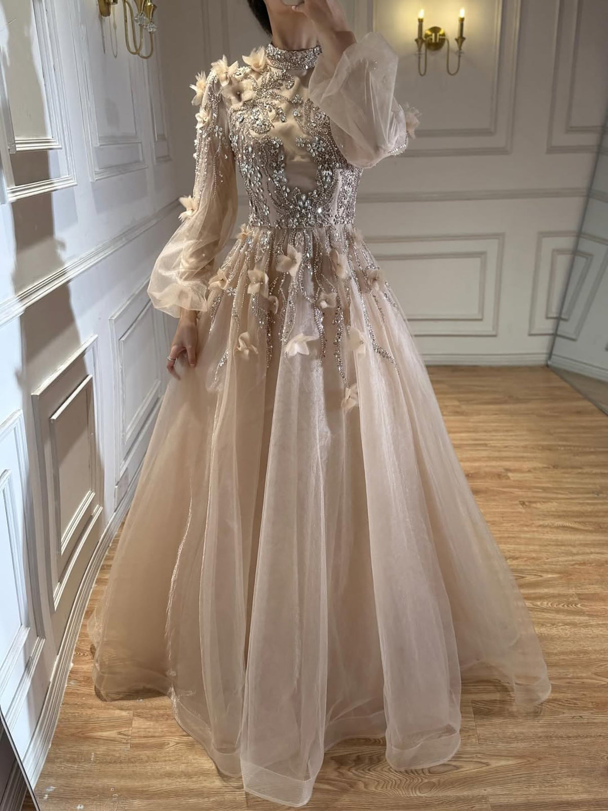 Modest Nude Beaded Long Sleeve A-Line Evening Dress with 3D Flowers LA73406