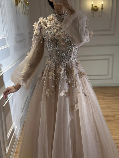 Modest Nude Beaded Long Sleeve A-Line Evening Dress with 3D Flowers LA73406