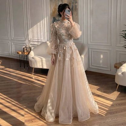Modest Nude Beaded Long Sleeve A-Line Evening Dress with 3D Flowers LA73406
