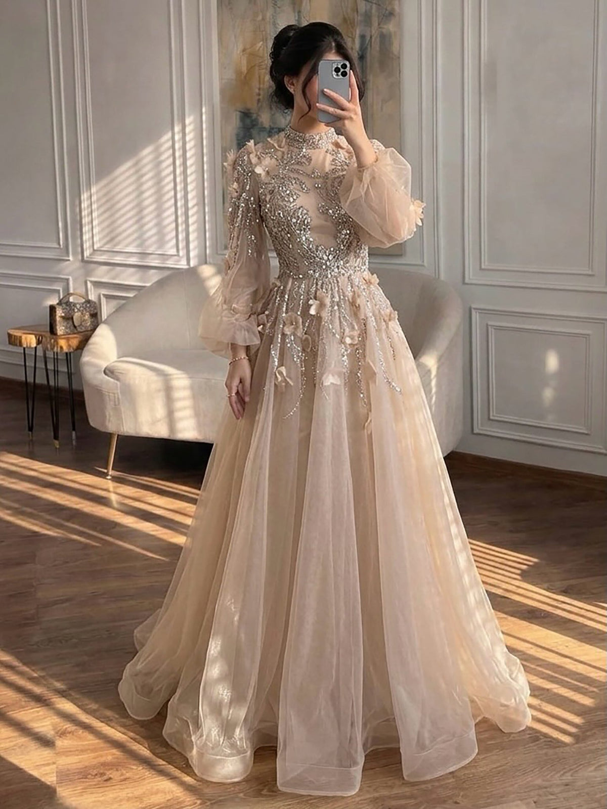 Modest Nude Beaded Long Sleeve A-Line Evening Dress with 3D Flowers LA73406