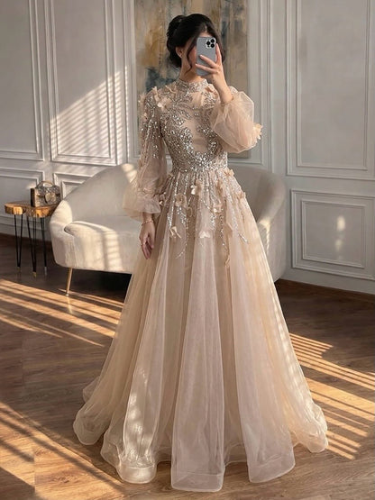Modest Nude Beaded Long Sleeve A-Line Evening Dress with 3D Flowers LA73406