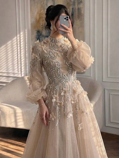 Modest Nude Beaded Long Sleeve A-Line Evening Dress with 3D Flowers LA73406