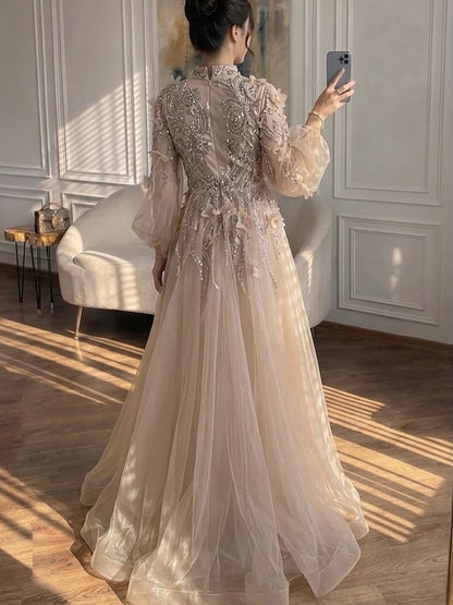 Modest Nude Beaded Long Sleeve A-Line Evening Dress with 3D Flowers LA73406