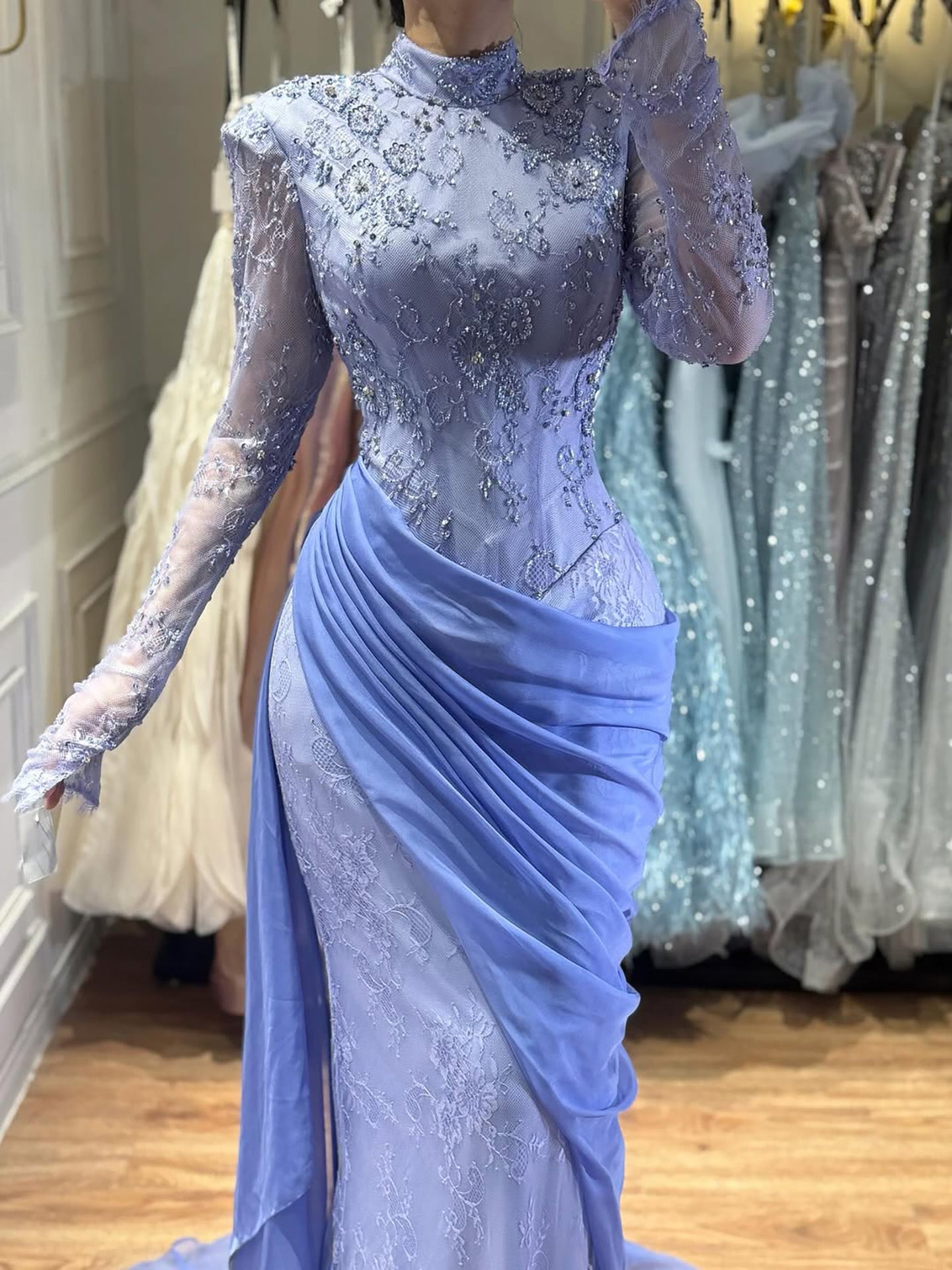 Modest Lilac Lace Beaded High Neck Mermaid Evening Dress Party Gown LA73407