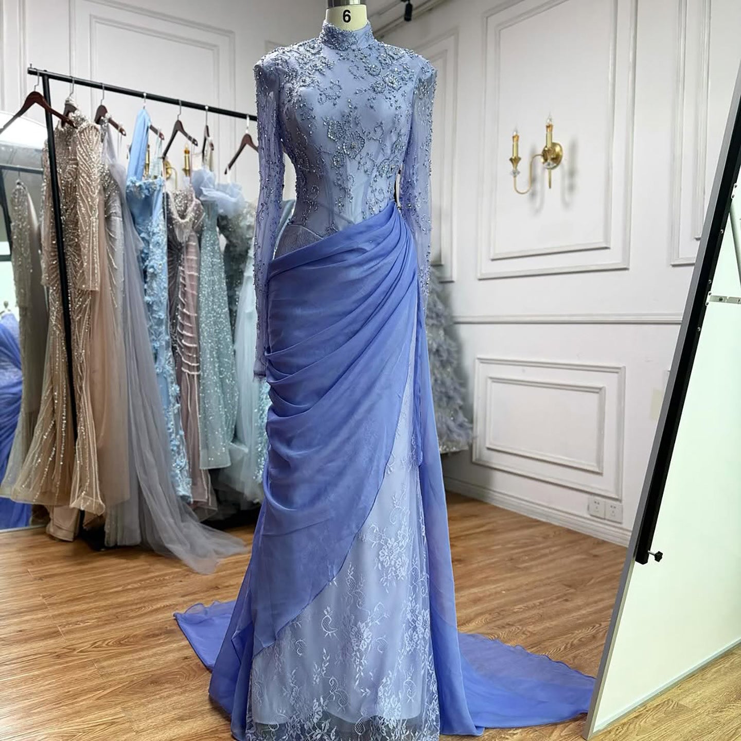 Modest Lilac Lace Beaded High Neck Mermaid Evening Dress Party Gown LA73407