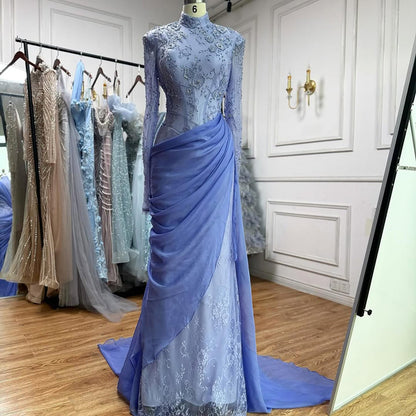Modest Lilac Lace Beaded High Neck Mermaid Evening Dress Party Gown LA73407