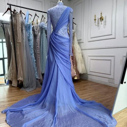 Modest Lilac Lace Beaded High Neck Mermaid Evening Dress Party Gown LA73407