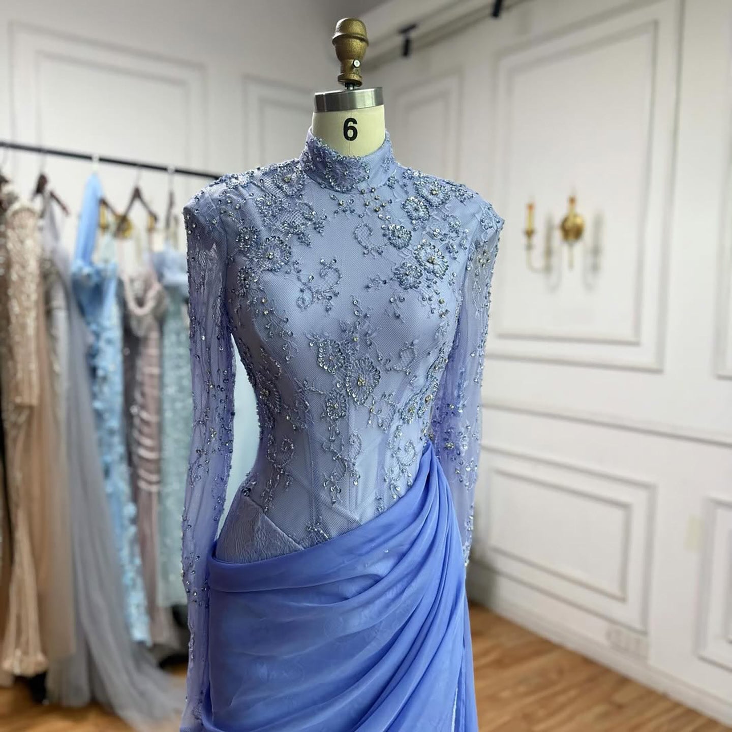 Modest Lilac Lace Beaded High Neck Mermaid Evening Dress Party Gown LA73407