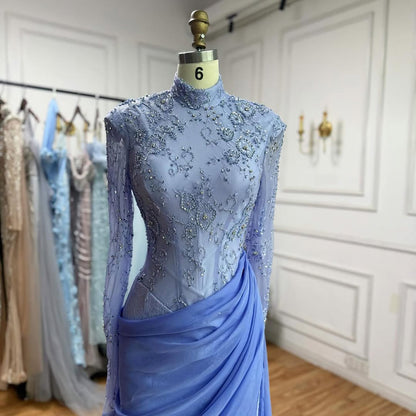 Modest Lilac Lace Beaded High Neck Mermaid Evening Dress Party Gown LA73407
