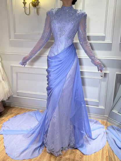 Modest Lilac Lace Beaded High Neck Mermaid Evening Dress Party Gown LA73407