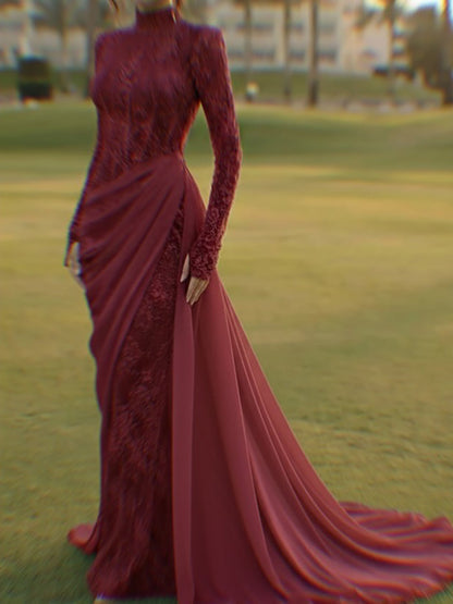 Modest Lilac Lace Beaded High Neck Mermaid Evening Dress Party Gown LA73407