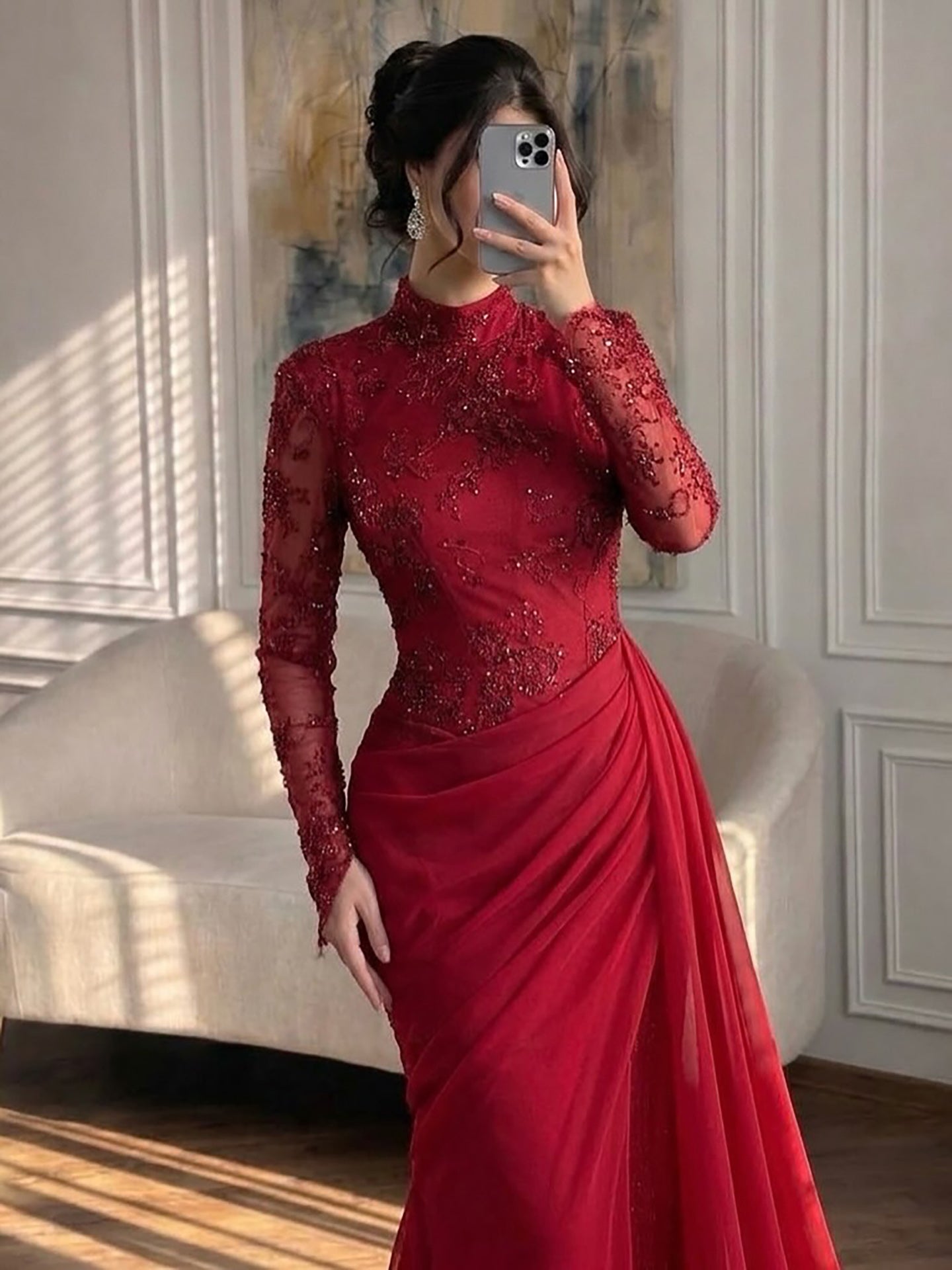 Modest Lilac Lace Beaded High Neck Mermaid Evening Dress Party Gown LA73407