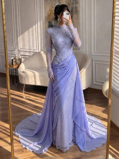 Modest Lilac Lace Beaded High Neck Mermaid Evening Dress Party Gown LA73407