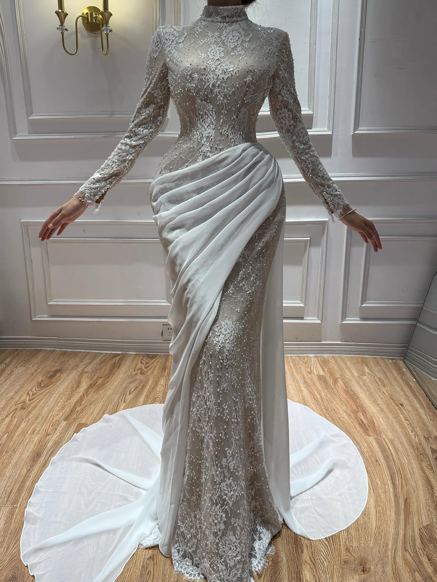 Elegant Blue Modest Long Sleeve Lace Mermaid Evening Dress LA73407A
