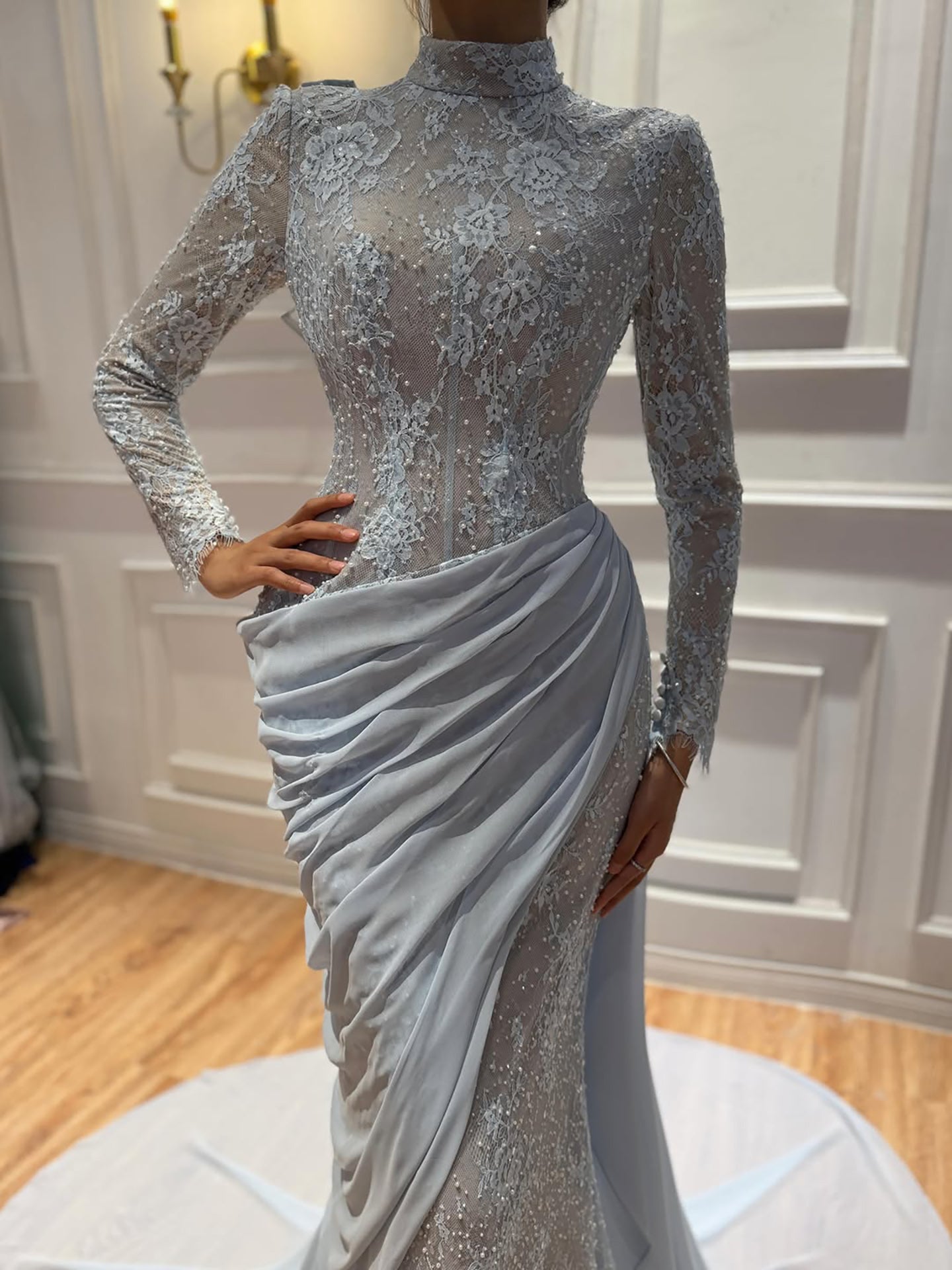 Elegant Blue Modest Long Sleeve Lace Mermaid Evening Dress LA73407A