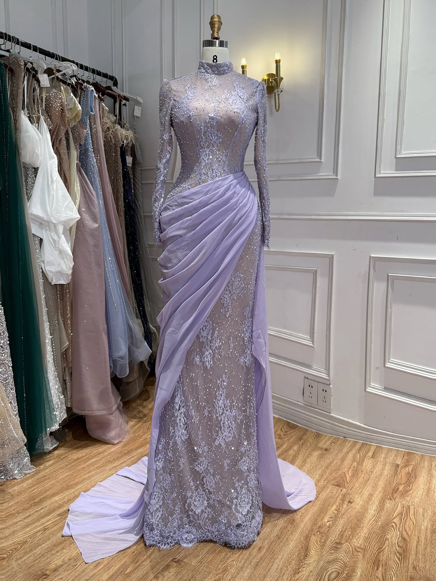 Elegant Blue Modest Long Sleeve Lace Mermaid Evening Dress LA73407A