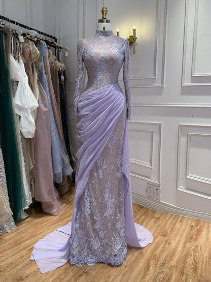 Elegant Blue Modest Long Sleeve Lace Mermaid Evening Dress LA73407A