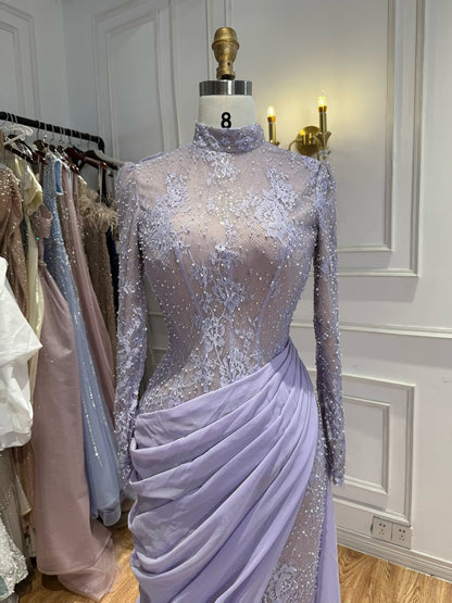 Elegant Blue Modest Long Sleeve Lace Mermaid Evening Dress LA73407A