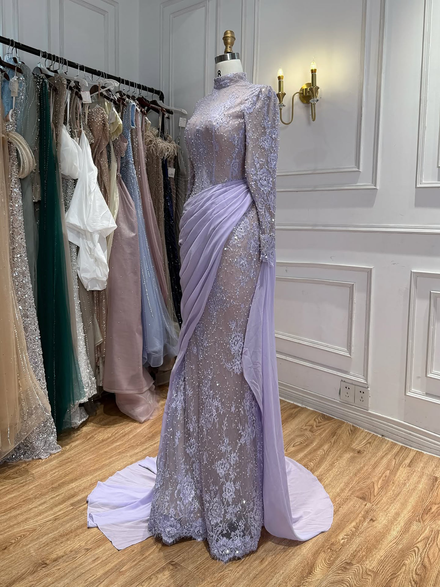 Elegant Blue Modest Long Sleeve Lace Mermaid Evening Dress LA73407A