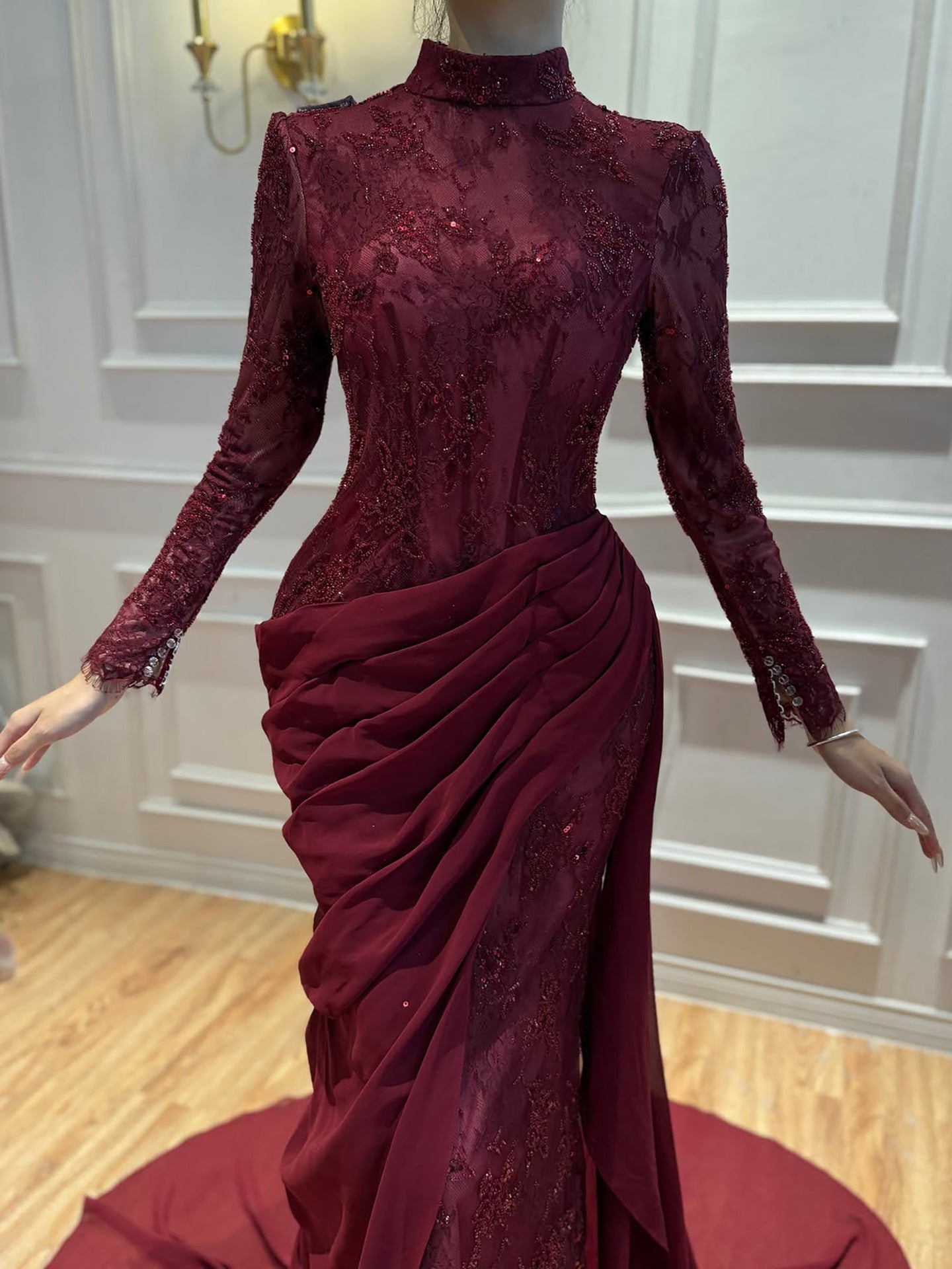 Luxury Wine Red High Neck Beaded Lace Mermaid Evening Dress LA73407B