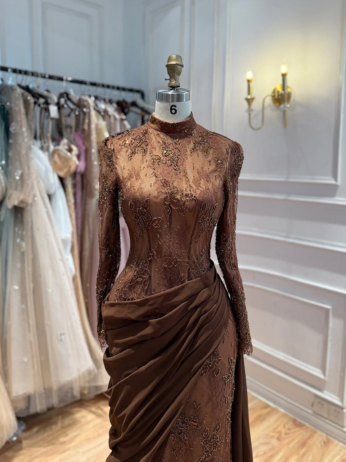 Luxury Wine Red High Neck Beaded Lace Mermaid Evening Dress LA73407B
