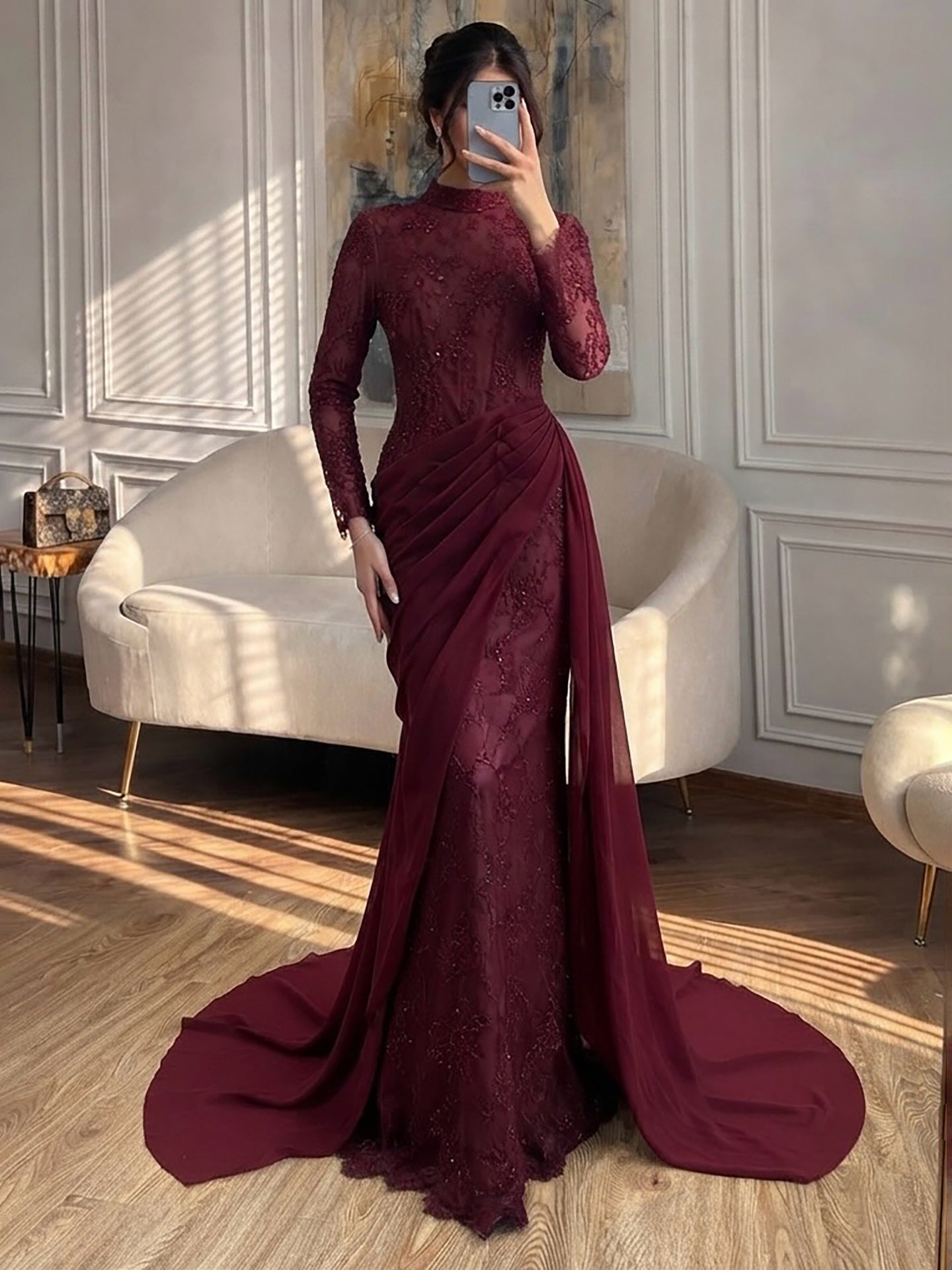 Luxury Wine Red High Neck Beaded Lace Mermaid Evening Dress LA73407B