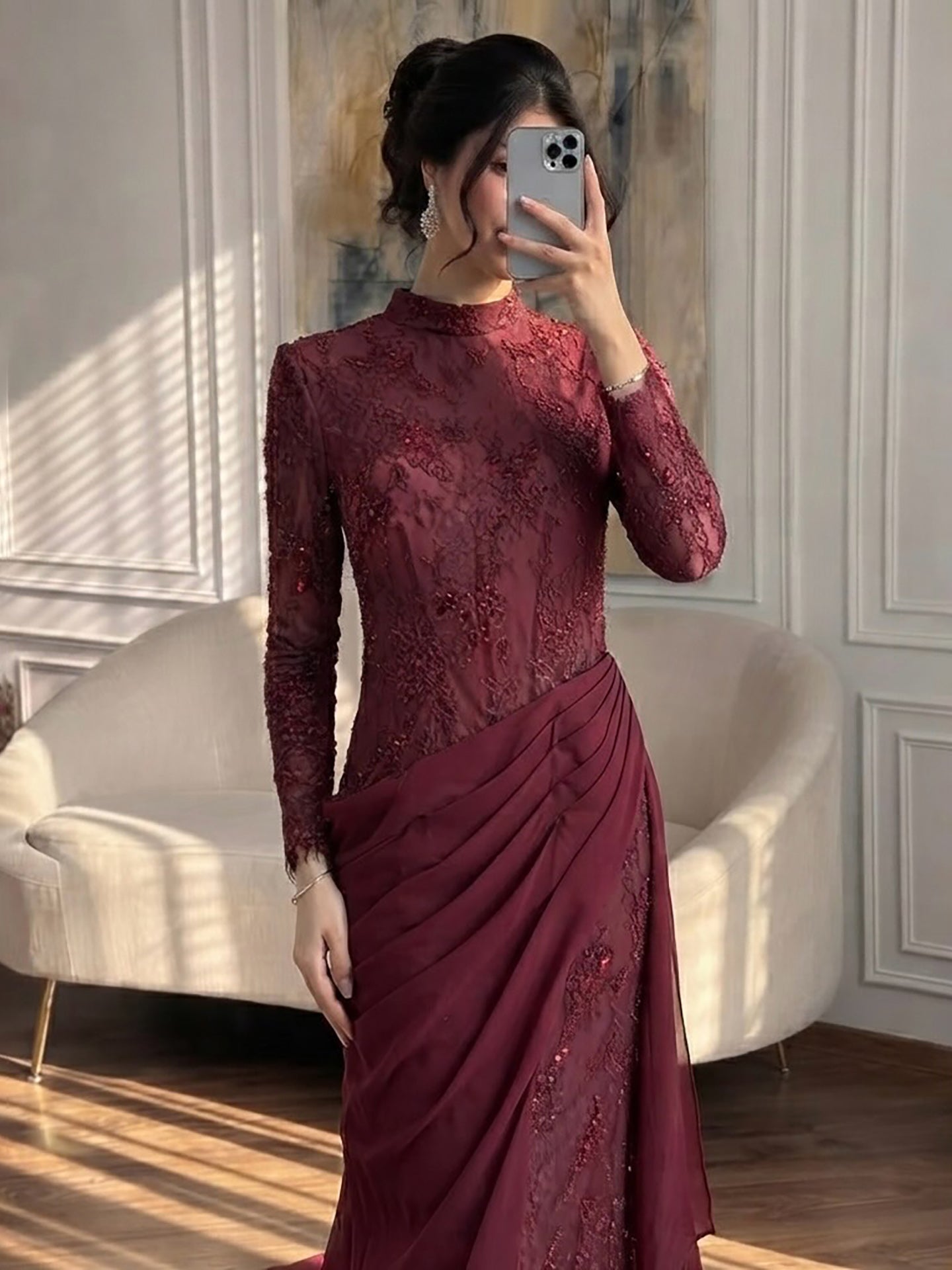 Luxury Wine Red High Neck Beaded Lace Mermaid Evening Dress LA73407B