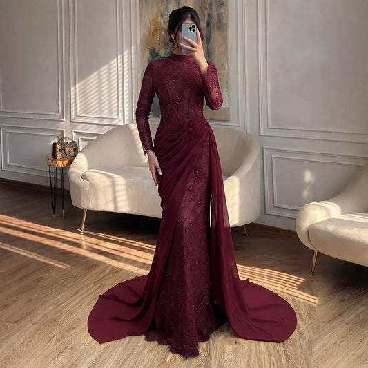 Luxury Wine Red High Neck Beaded Lace Mermaid Evening Dress LA73407B