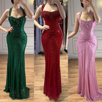 Luxury Gold Halter Crystal Beaded Mermaid Evening Dress LA73410B