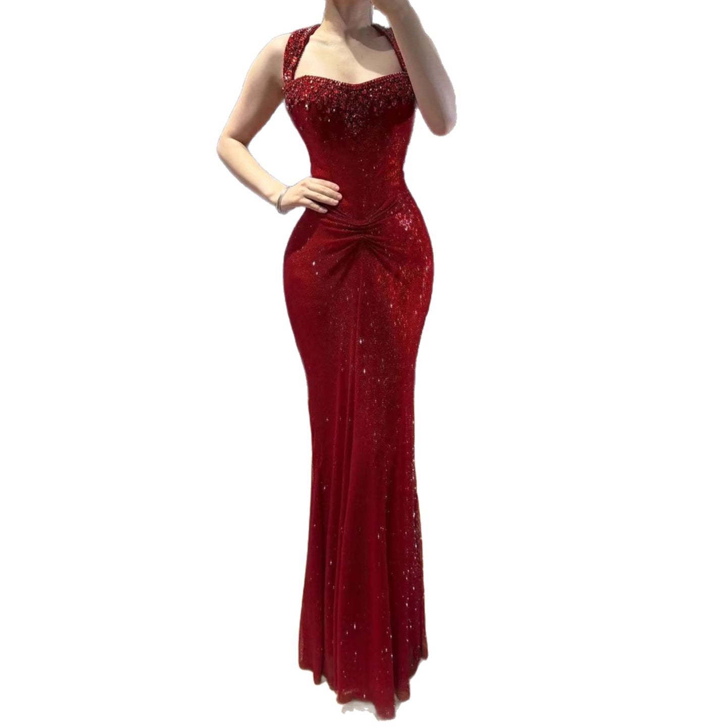 Luxury Gold Halter Crystal Beaded Mermaid Evening Dress LA73410B