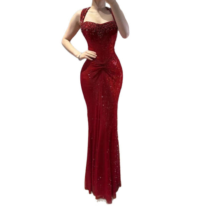 Luxury Gold Halter Crystal Beaded Mermaid Evening Dress LA73410B