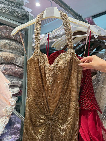 Luxury Gold Halter Crystal Beaded Mermaid Evening Dress LA73410B