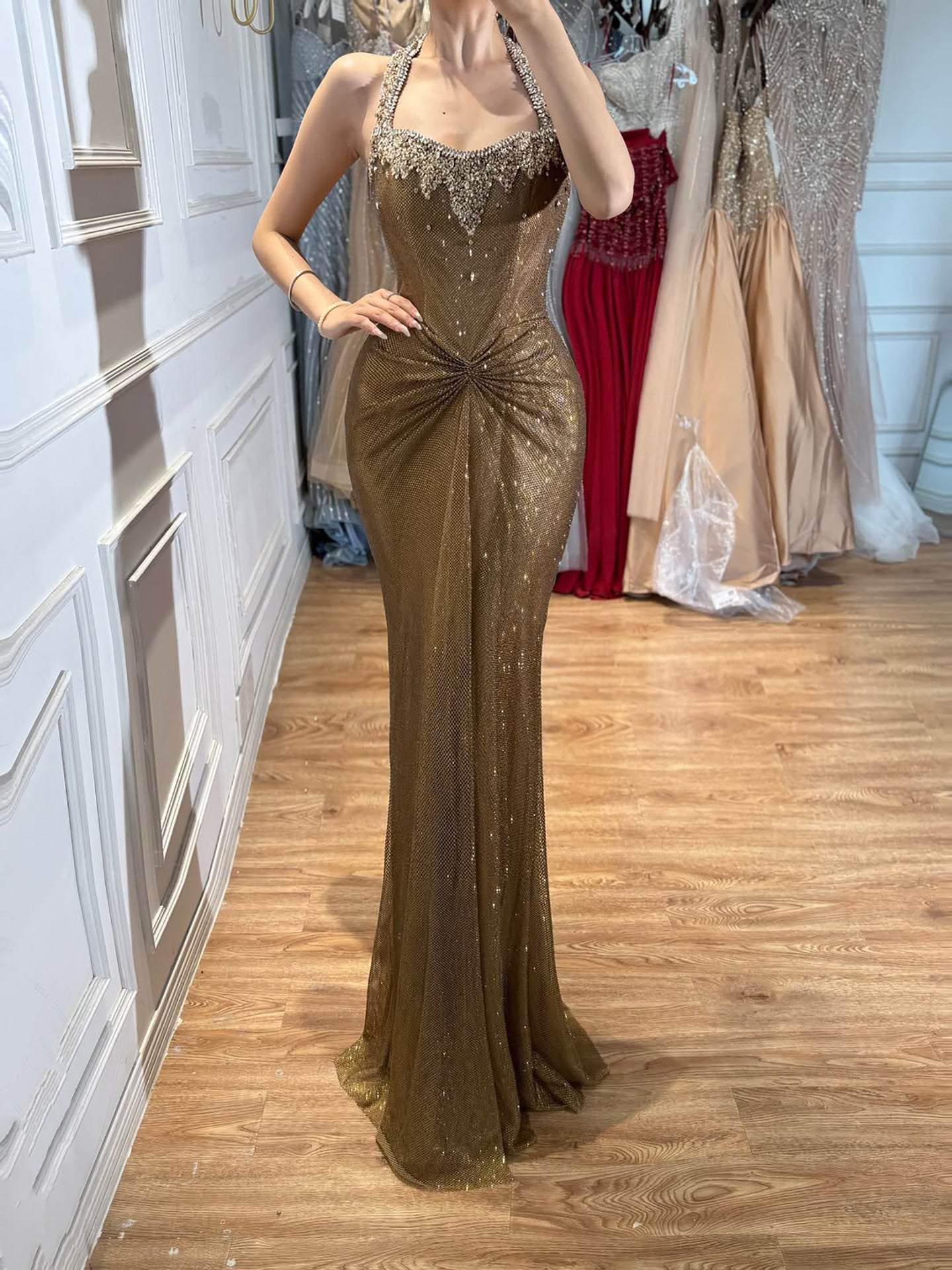 Luxury Gold Halter Crystal Beaded Mermaid Evening Dress LA73410B