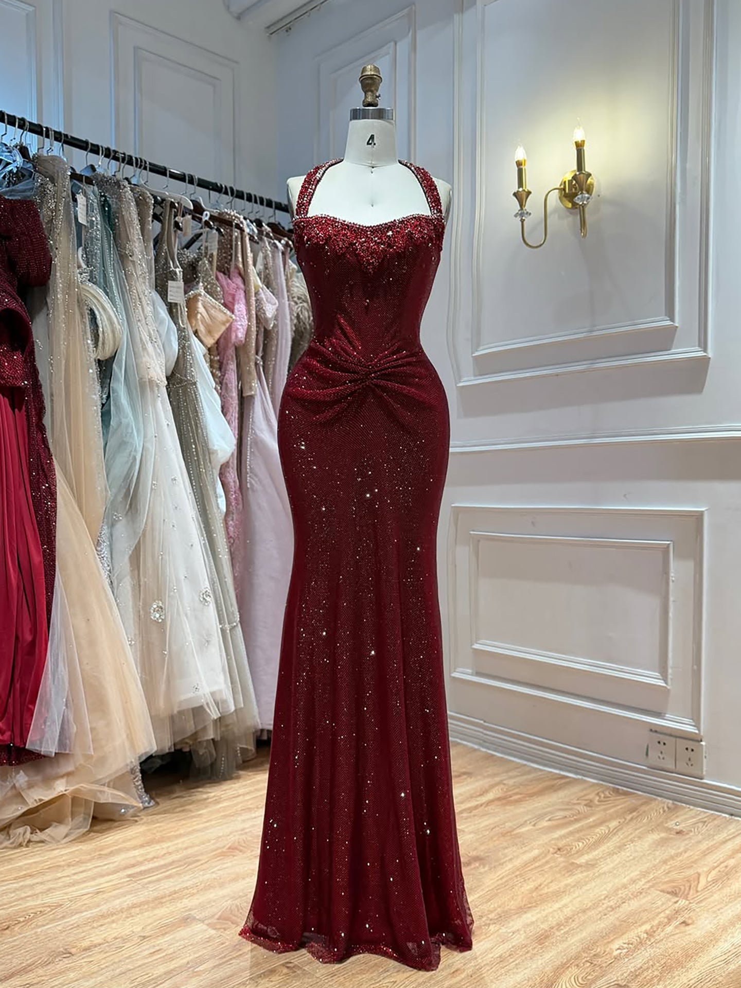 Luxury Gold Halter Crystal Beaded Mermaid Evening Dress LA73410B