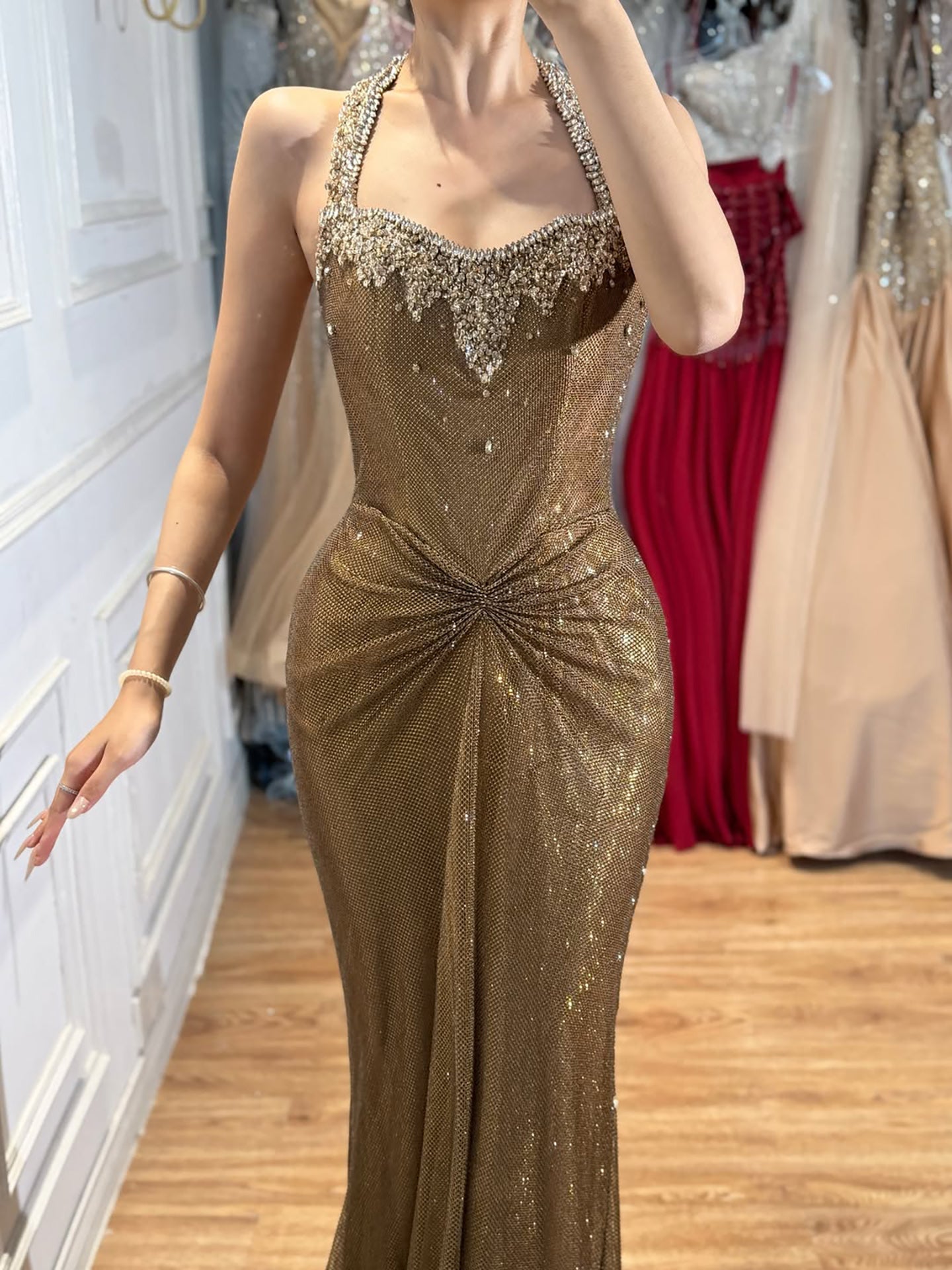 Luxury Gold Halter Crystal Beaded Mermaid Evening Dress LA73410B