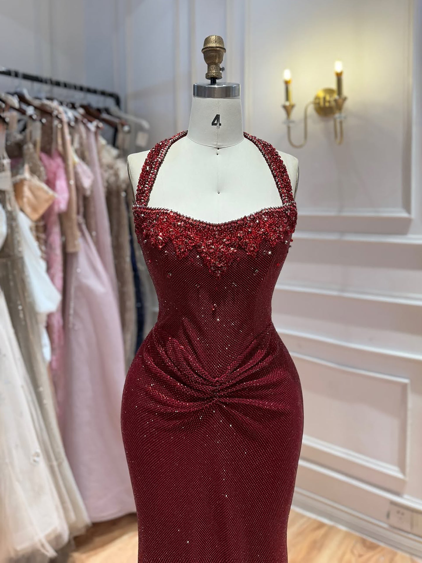 Luxury Gold Halter Crystal Beaded Mermaid Evening Dress LA73410B