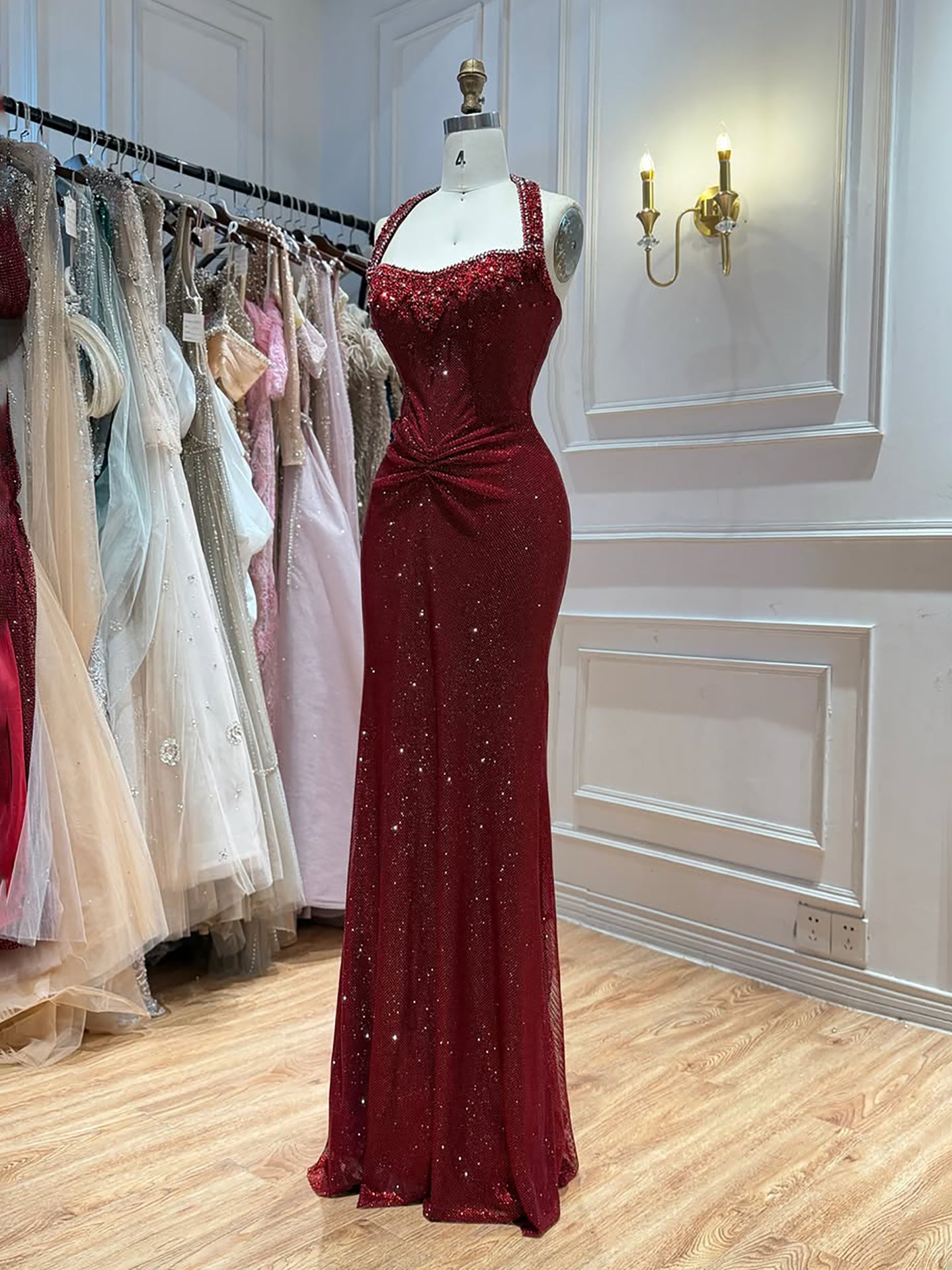 Luxury Gold Halter Crystal Beaded Mermaid Evening Dress LA73410B