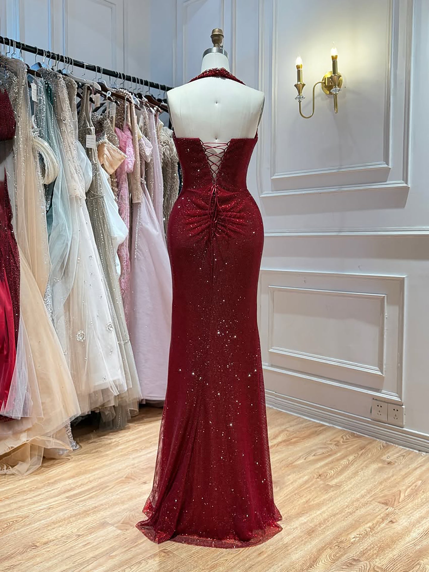 Luxury Gold Halter Crystal Beaded Mermaid Evening Dress LA73410B