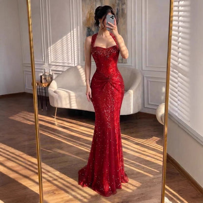 Luxury Gold Halter Crystal Beaded Mermaid Evening Dress LA73410B