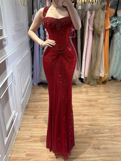 Luxury Gold Halter Crystal Beaded Mermaid Evening Dress LA73410B
