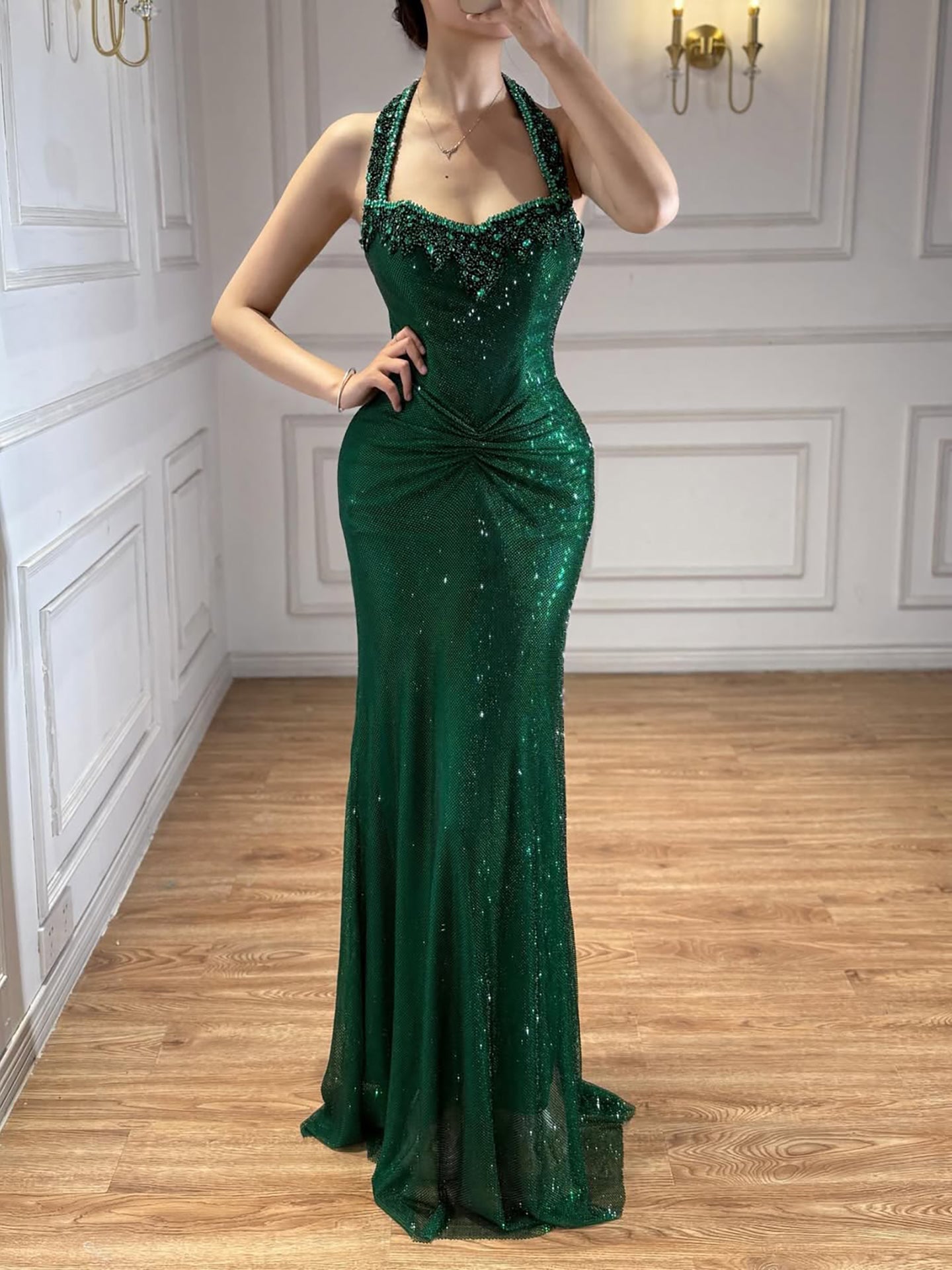 Luxury Gold Halter Crystal Beaded Mermaid Evening Dress LA73410B