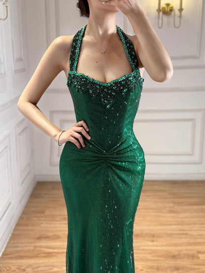 Luxury Gold Halter Crystal Beaded Mermaid Evening Dress LA73410B