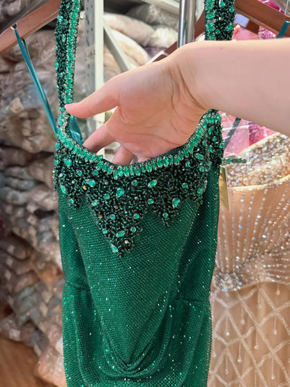 Luxury Gold Halter Crystal Beaded Mermaid Evening Dress LA73410B