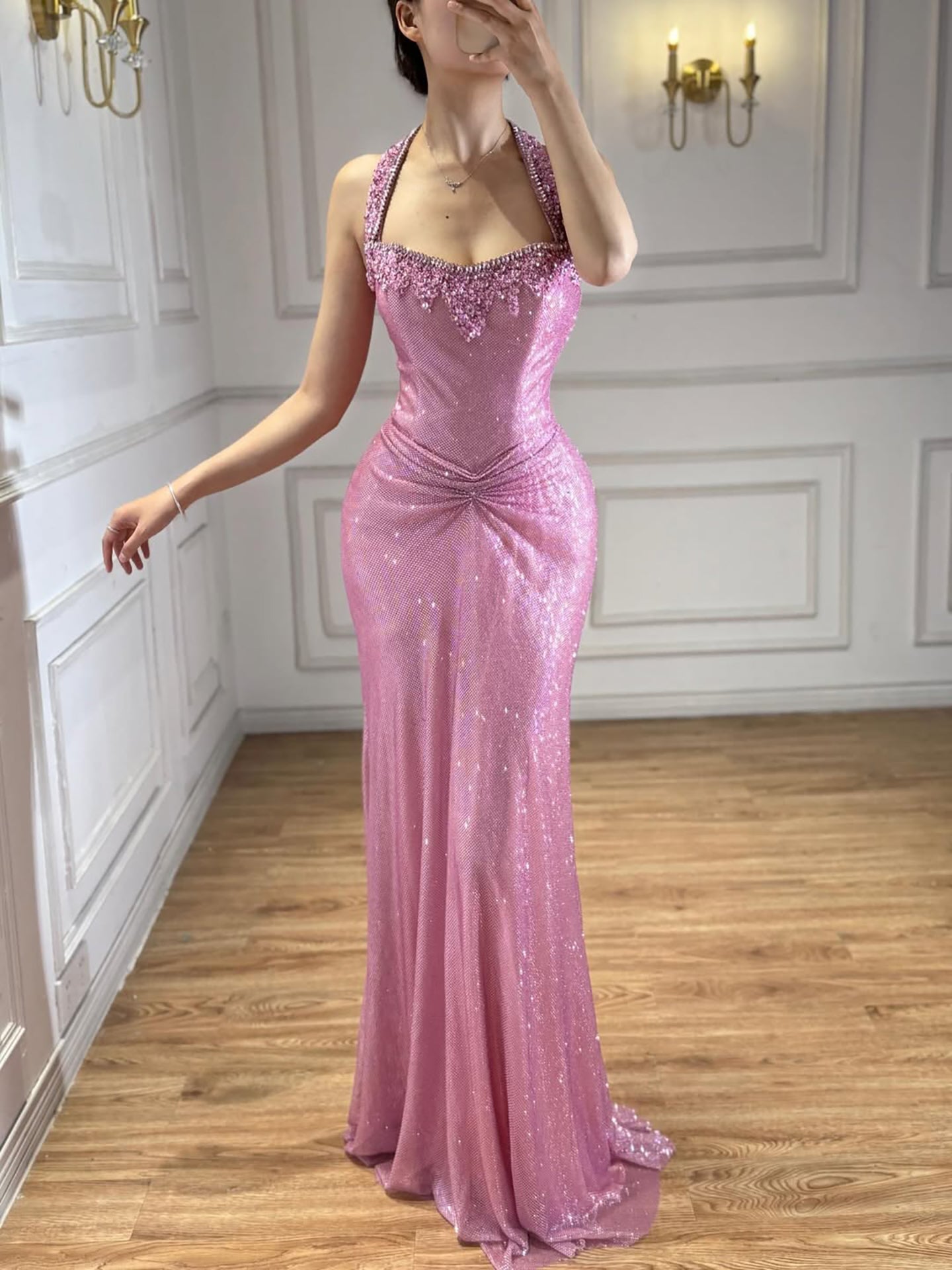 Luxury Gold Halter Crystal Beaded Mermaid Evening Dress LA73410B