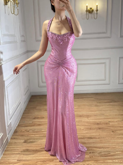 Luxury Gold Halter Crystal Beaded Mermaid Evening Dress LA73410B